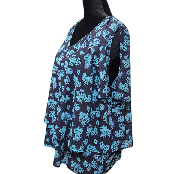 Juicy Couture Layered Ruffled V-Neck Black/Aqua/Purple Cold Shoulder Flowy Top - Picture 3 of 8